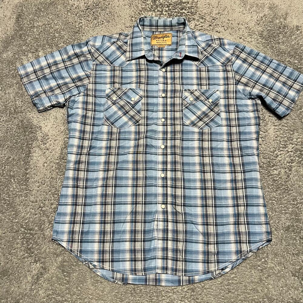 Wrangler Retro Shirt Mens Large Short Sleeve Pearl Snap Blue Plaid Western